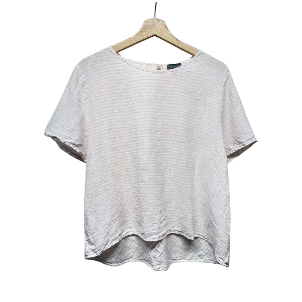 Vince Camuto Women XL 100% Linen Top Pink White Stripe Boxy Coastal Resort Beach